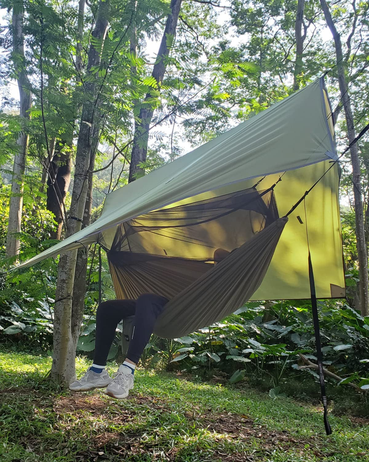 Camping Hammock with Mosquito Net & Rain Fly, Portable Single/Double Hammock Tent with 10 ft Tree Straps, Lightweight Outdoor Hammock for Hiking, Camping & Travel