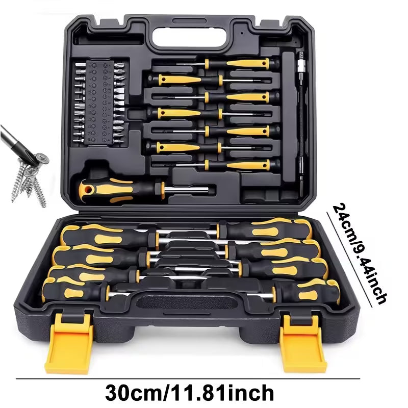 Open black and yellow screwdriver set case with screwdrivers and bits, shown with size measurements