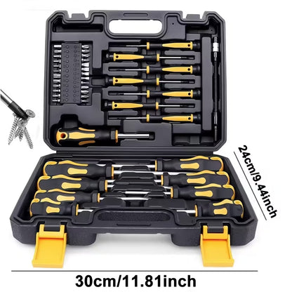 Open black and yellow screwdriver set case with screwdrivers and bits, shown with size measurements