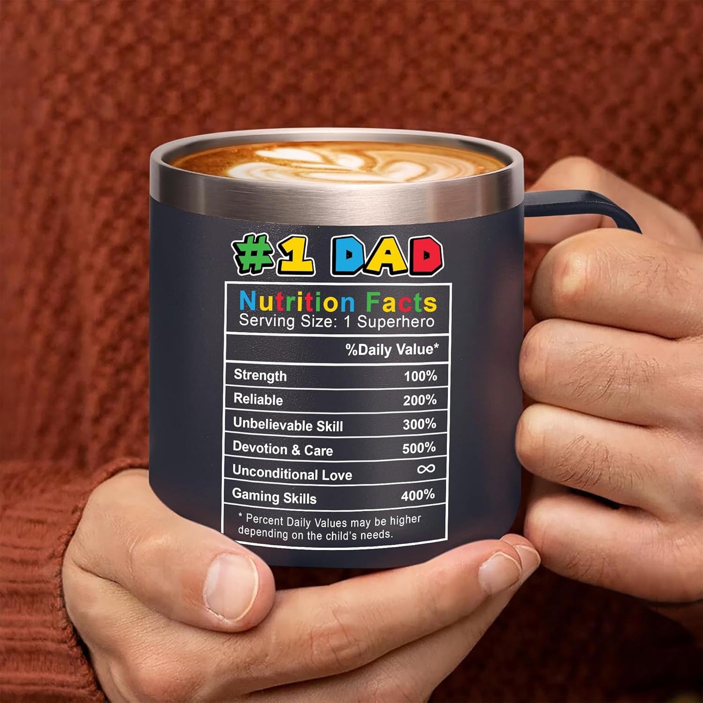 14Oz Super Daddio Travel Coffee Mug Tumbler - No. 1 Dad Nutrition Facts - Christmas, Fathers Day, Birthday Gift for Dad from Daughter Son Kid - Insulated Stainless Steel Cup with Handle