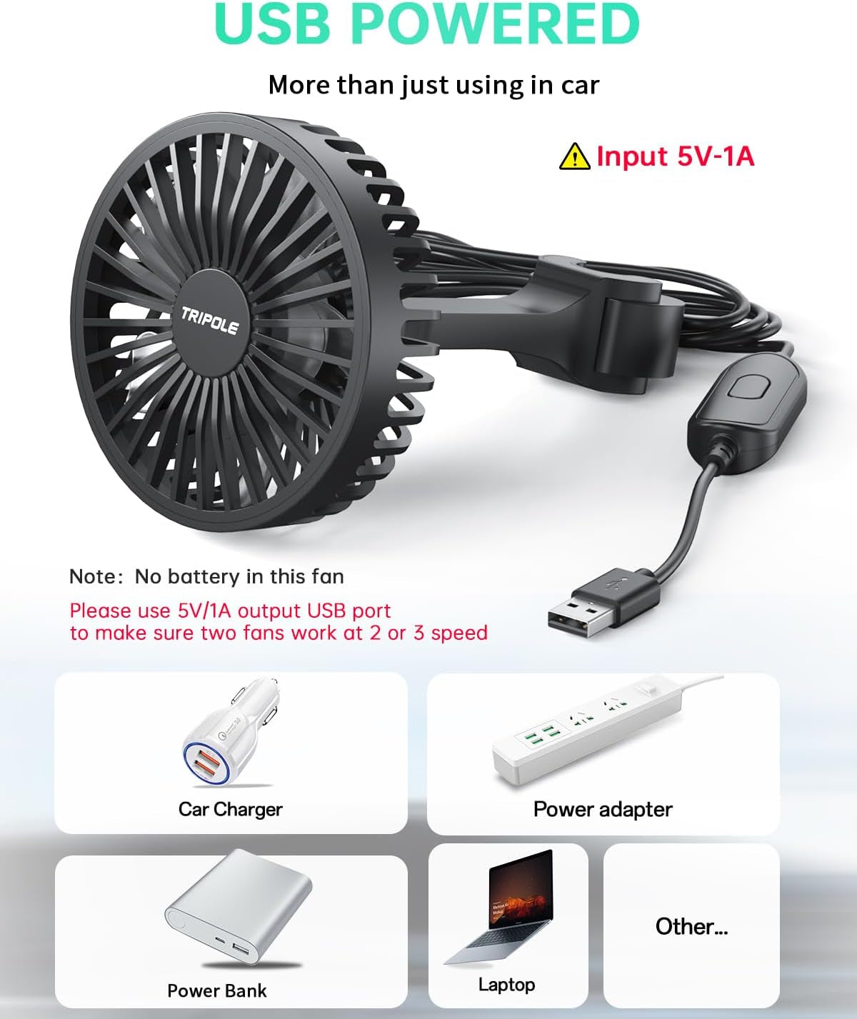 Car Fan for Rear Seat USB Powered Powerful 3 Speed 5V Fan with Adjustable Clip for Vehicles SUV RV