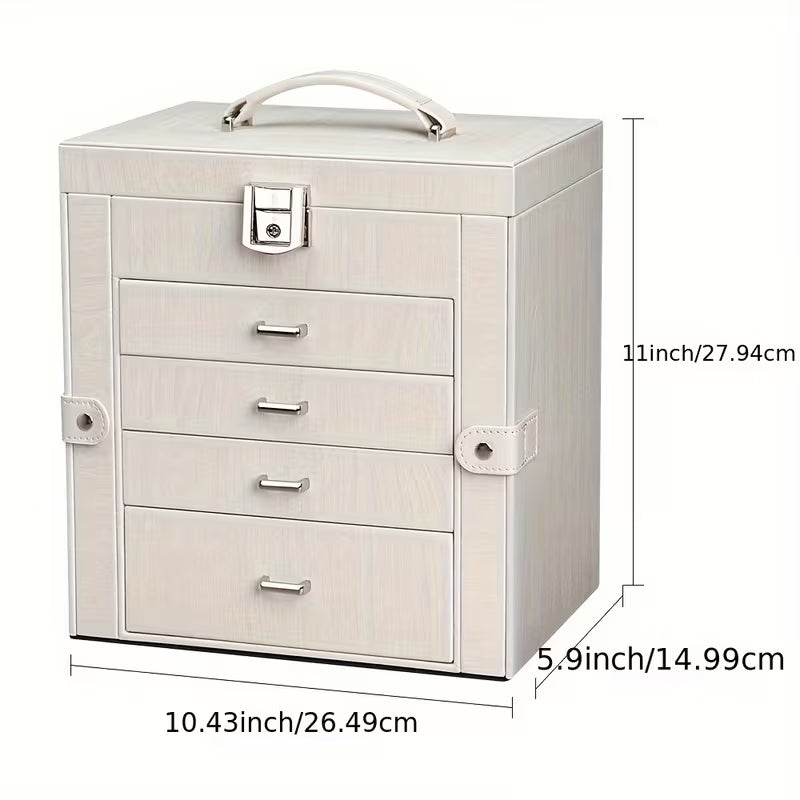 Closed white 5-drawer jewelry box with top handle and clasp, shown with size measurements