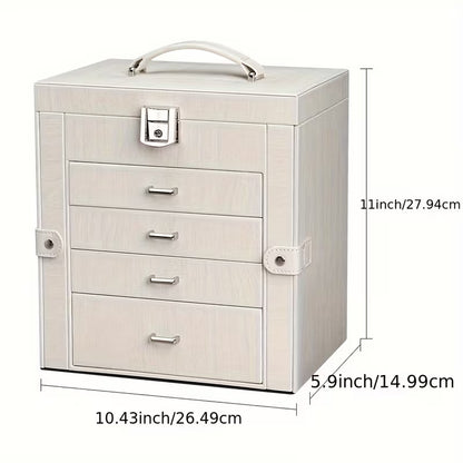 Closed white 5-drawer jewelry box with top handle and clasp, shown with size measurements
