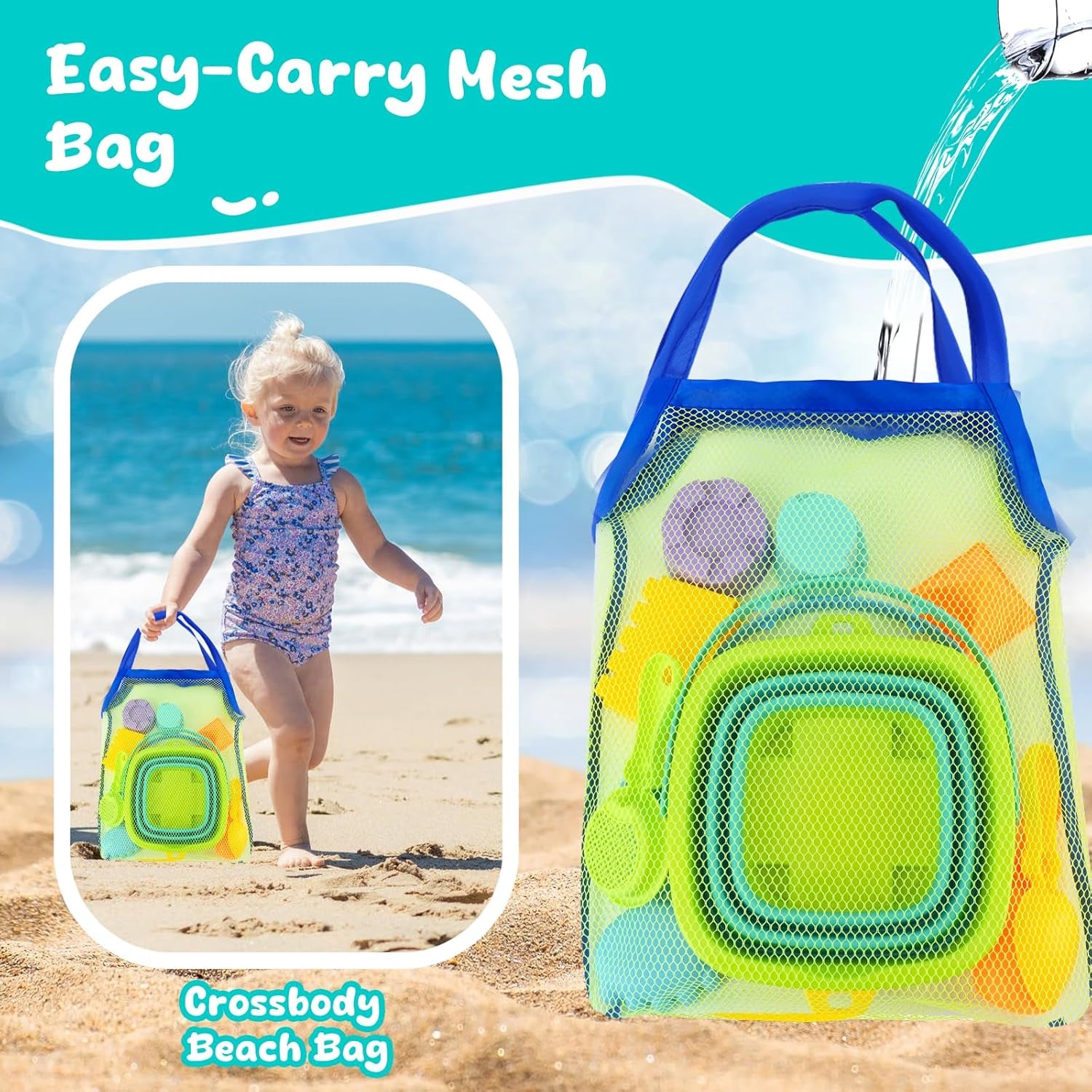 Collapsible Beach Toys for Kids Ages 4-8, Sand Toys for Toddlers Ages 3-4-8, Beach Toy Set with Collapsible Beach Buckets, Sandbox Toy for Kids with Castle Sand Mold and Large Shovels
