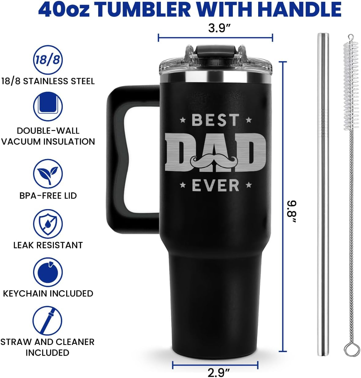 Fathers Day Gift for Dad, Best Dad Ever Tumbler 40Oz, Father Day Gifts from Son Kids and Daughter, Best Daddy Ever Coffee Travel Mug Cup, Gift Presents Ideas for Daddy, Papa Travel Mug