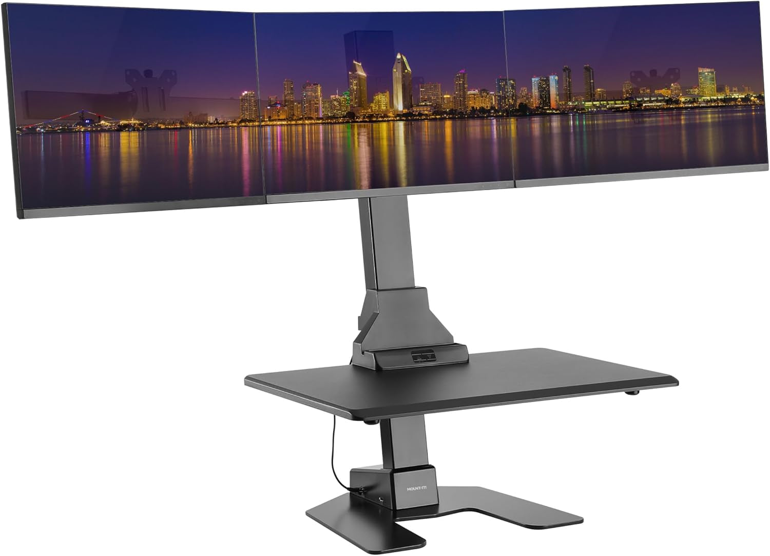Triple Monitor Electric Standing Desk Converter with Height Adjustable Desktop, 3 Mounts for 13–32 in Screens, Sit-Stand Workstation, Black