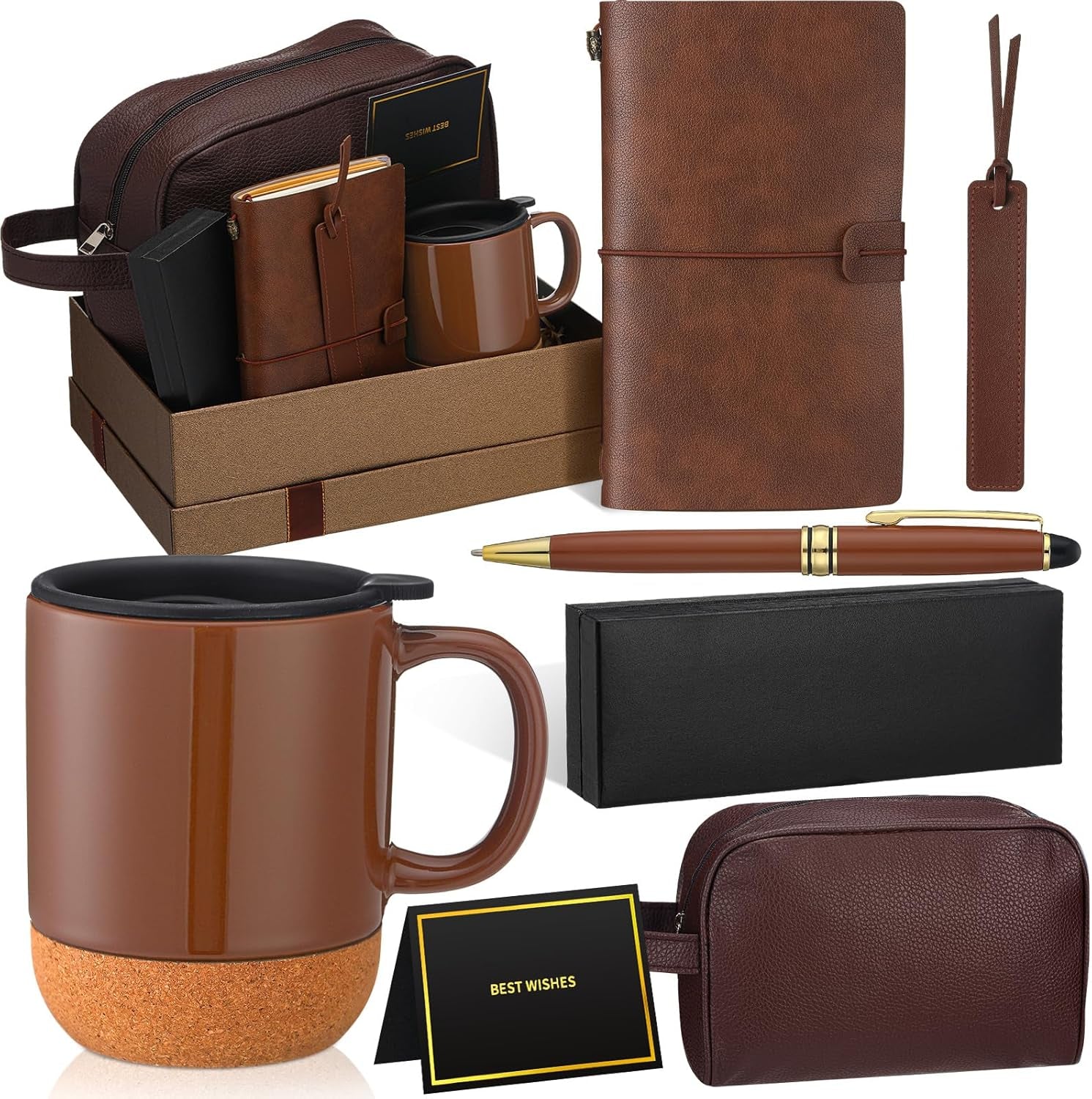 8 Pcs Fathers Day Dad Gifts Set for Mens Gifts Basket Ideas Set Mug PU Leather Notebook Toiletry Bag Bookmark Pen with Box Greeting Card for Dad Grandpa Husband Birthday (Brown)