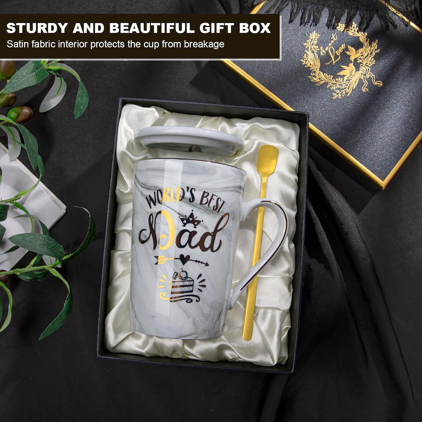 Fathers Day Birthday Gifts Presents for Dad from Daughter Son - World'S Best Dad - Funny Daddy Mug with Gold Print, 14Oz Grey Marble Ceramic Coffee Cup, with Lid Spoon Greeting Card, Nice Gift Boxed