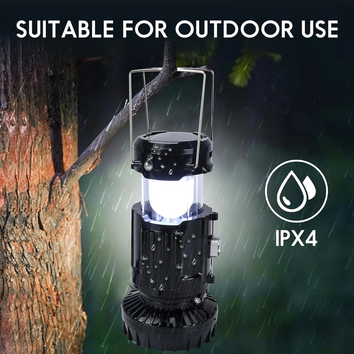 Solar Camping Lantern with Rechargeable Battery, Collapsible LED Light and Integrated Cooling Fan, Portable Emergency Light for Outdoor, Black