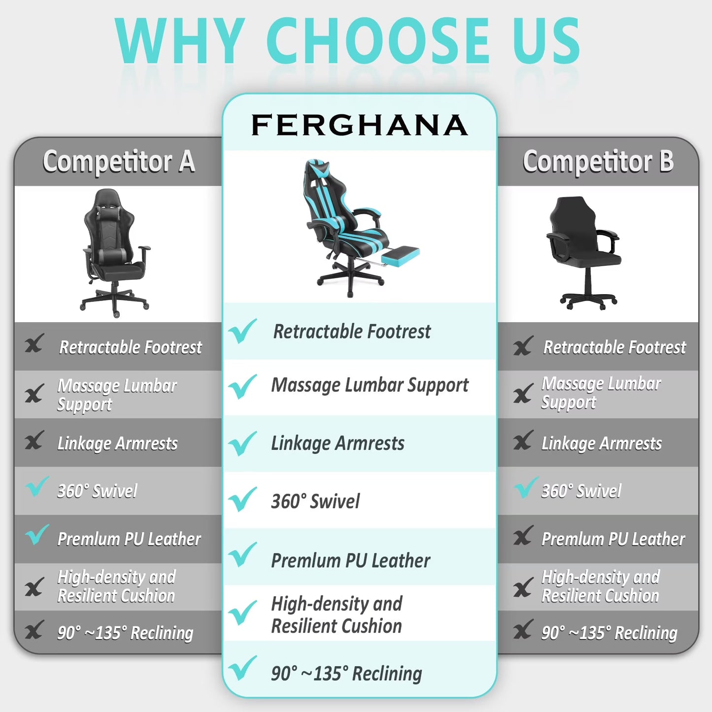 Gaming Chair Office Chair with Footrest, Ergonomic Massage Chair with Lumbar Pillow, Headrest for Adults Teens, Blue