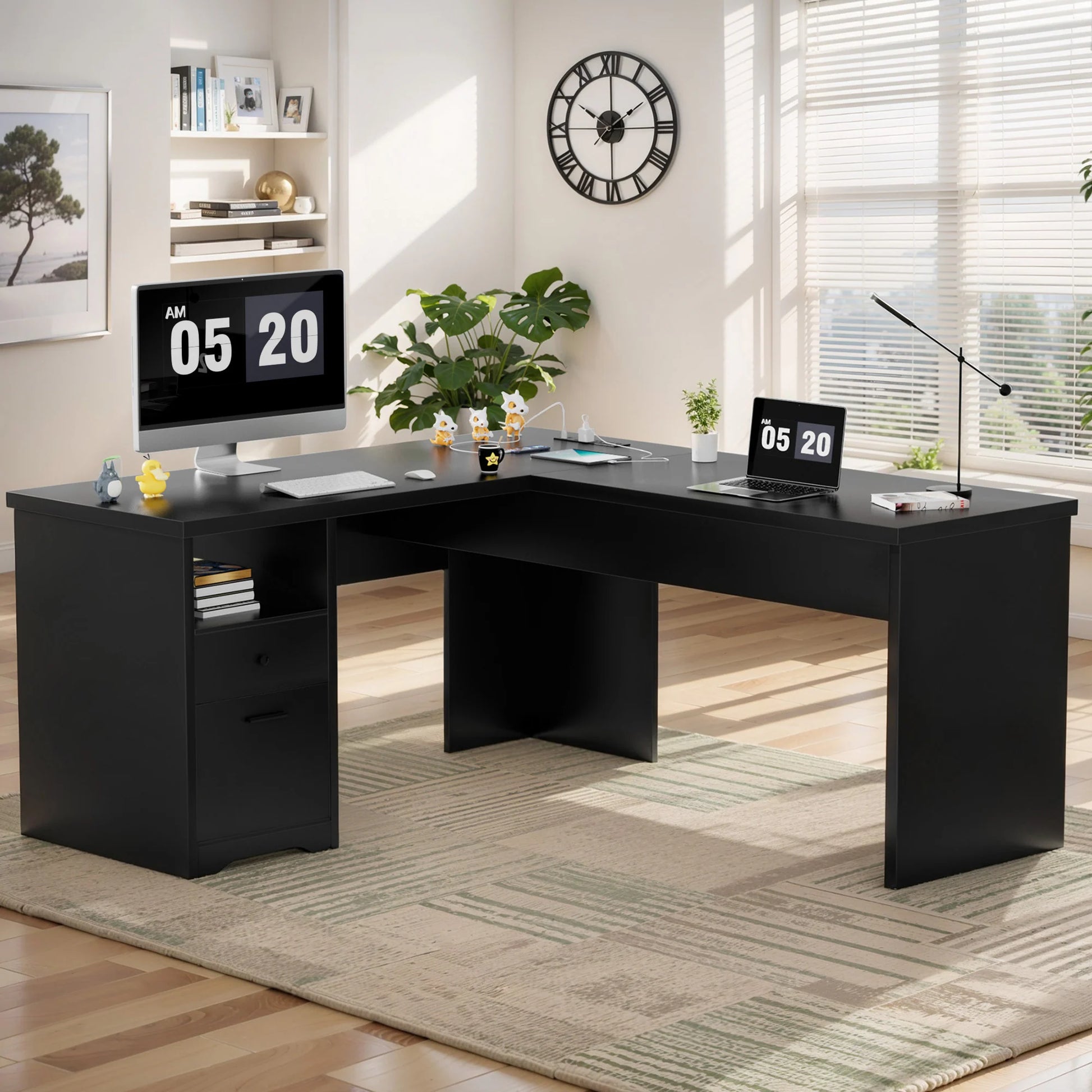 Lift Top L-Shaped Desk with Charge Station, Corner Standing Desk with File Drawers for Home Office