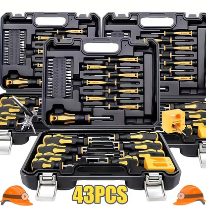 Three black and yellow screwdriver set carry cases, open to show screwdrivers and bits