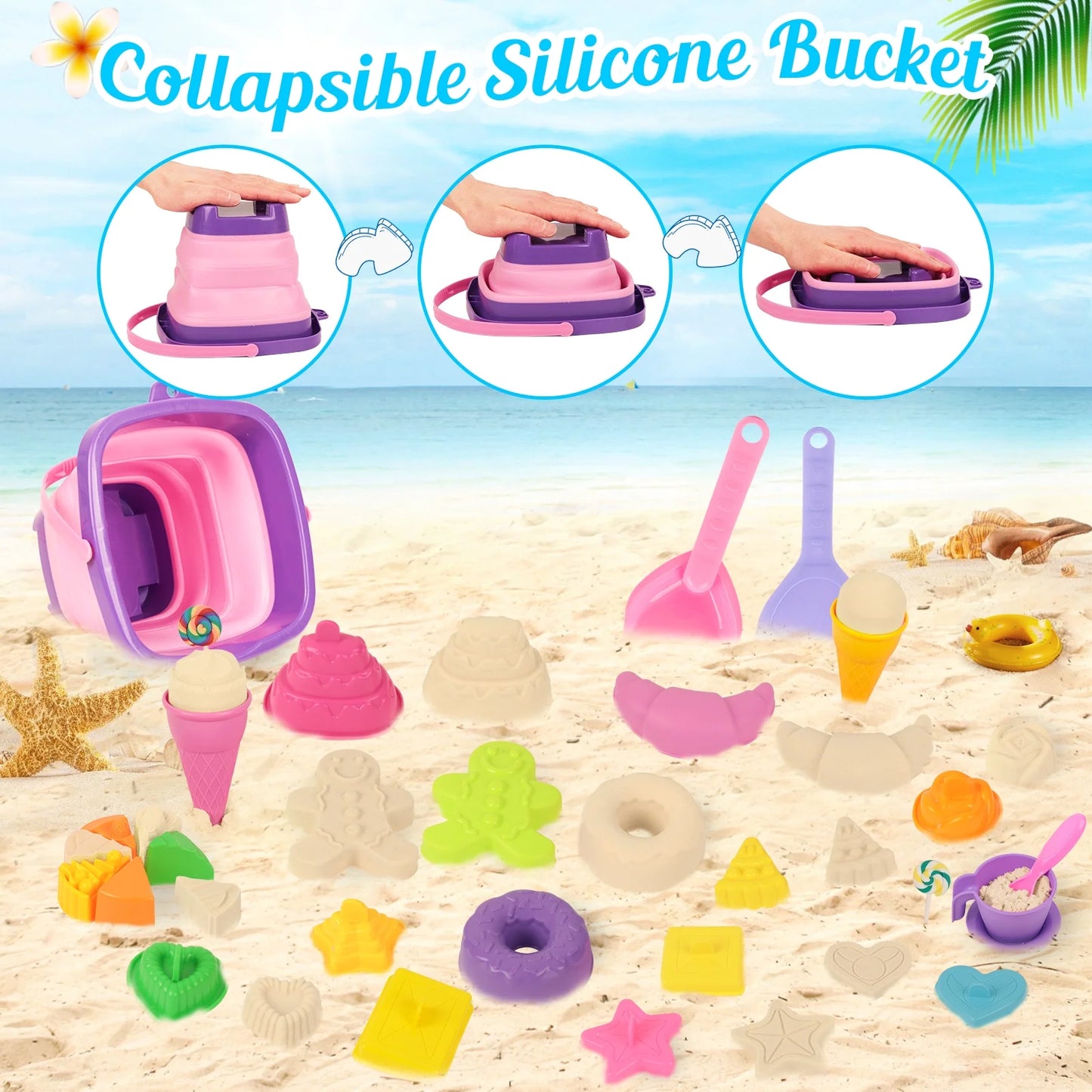 35 Piece Beach Sand Toy Set with Collapsible Silicone Bucket Mesh Bag and Molds Kids Outdoor Sandbox Play Ages 3-12