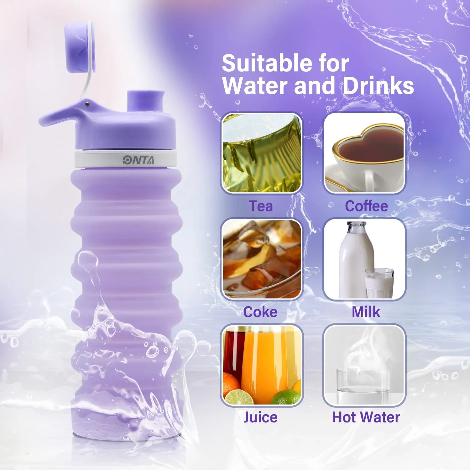 Collapsible Silicone Water Bottle 20oz BPA Free Leak Proof Foldable Portable Travel Bottle with Carabiner - Purple