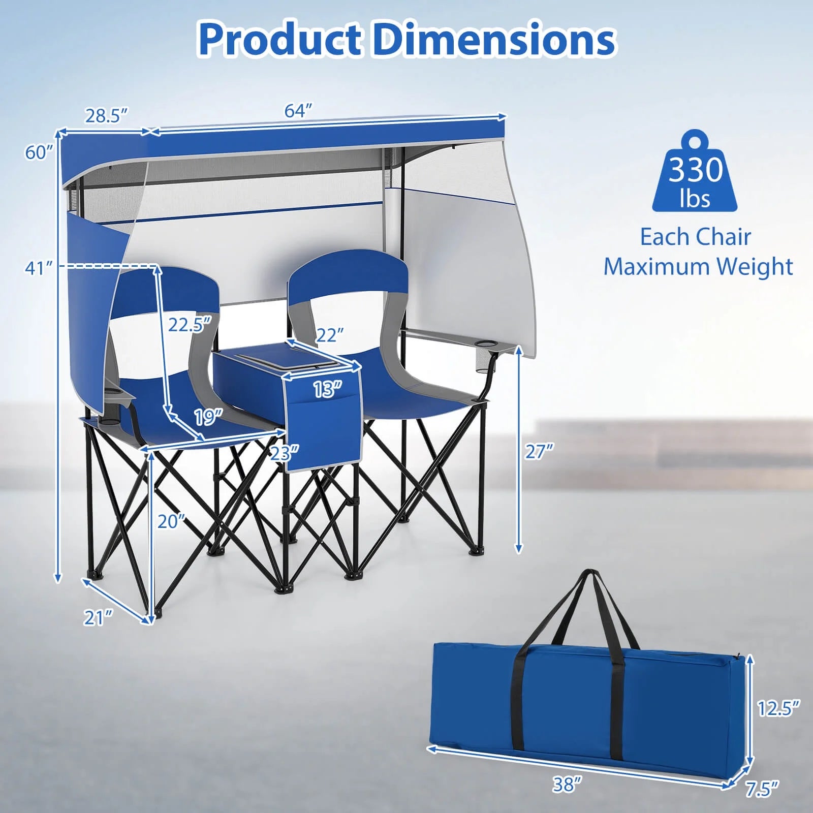 Double Beach Chair with Adjustable Canopy Oversized Folding Camping Chair Navy
