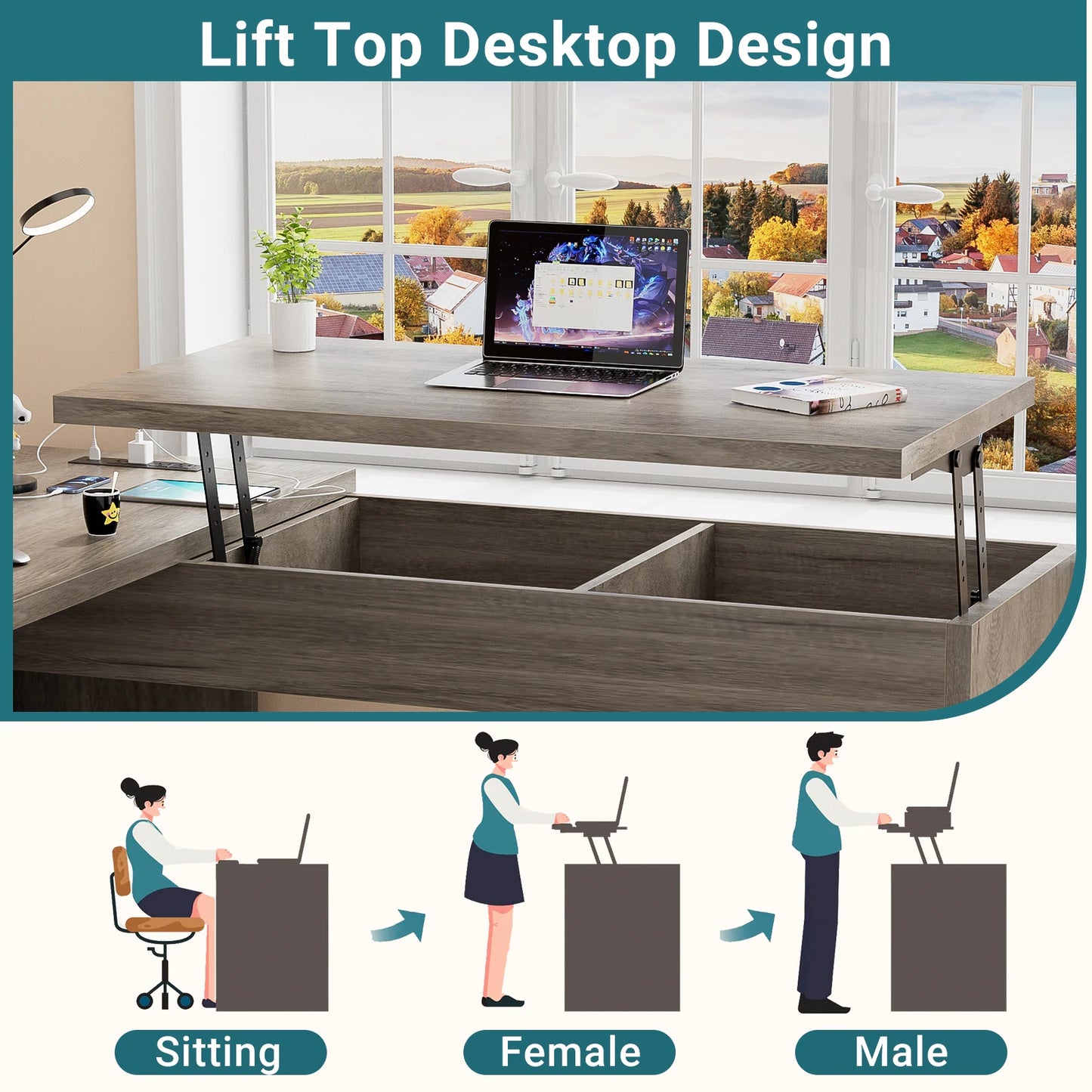 Lift Top L-Shaped Desk with Charge Station, Corner Standing Desk with File Drawers for Home Office