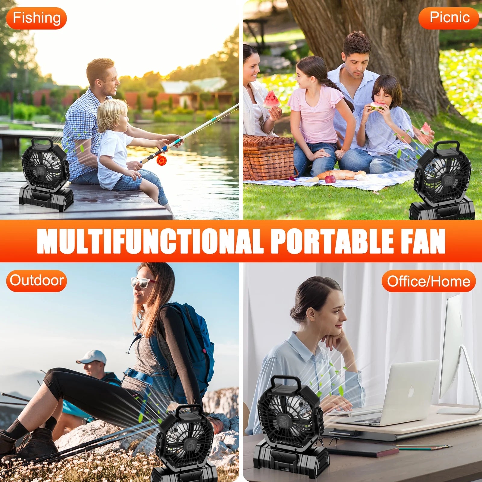 Camping Fan with LED Lantern, 20000mAh Rechargeable Battery, 270° Adjustable Rotation, 4-Speed Portable Tent Fan, Black