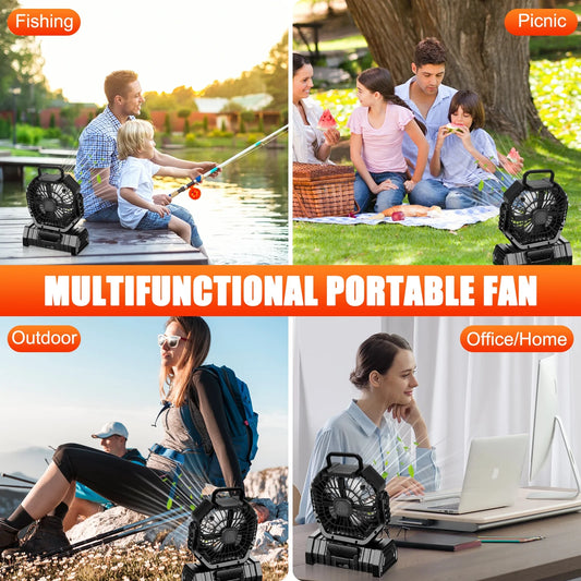 Camping Fan with LED Lantern, 20000mAh Rechargeable Battery, 270° Adjustable Rotation, 4-Speed Portable Tent Fan, Black