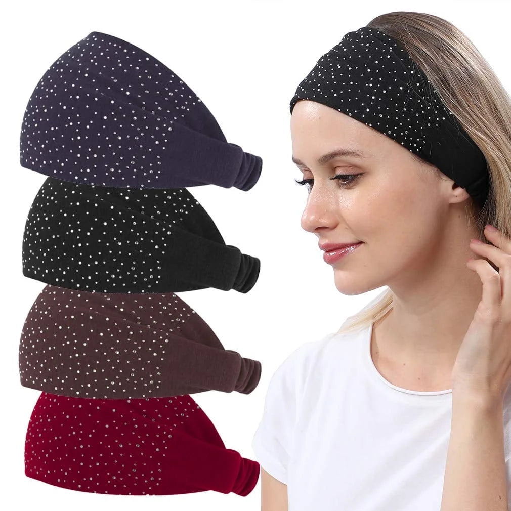 4 Pack Womens Yoga Headbands Bandana, Turban Head Wraps Hair Bands for Women Teens, Elastic Wide Solid Head Bands Hair Wraps with Rhinestone, Workout Trendy Hair Accessories (2020 Diamond Design)