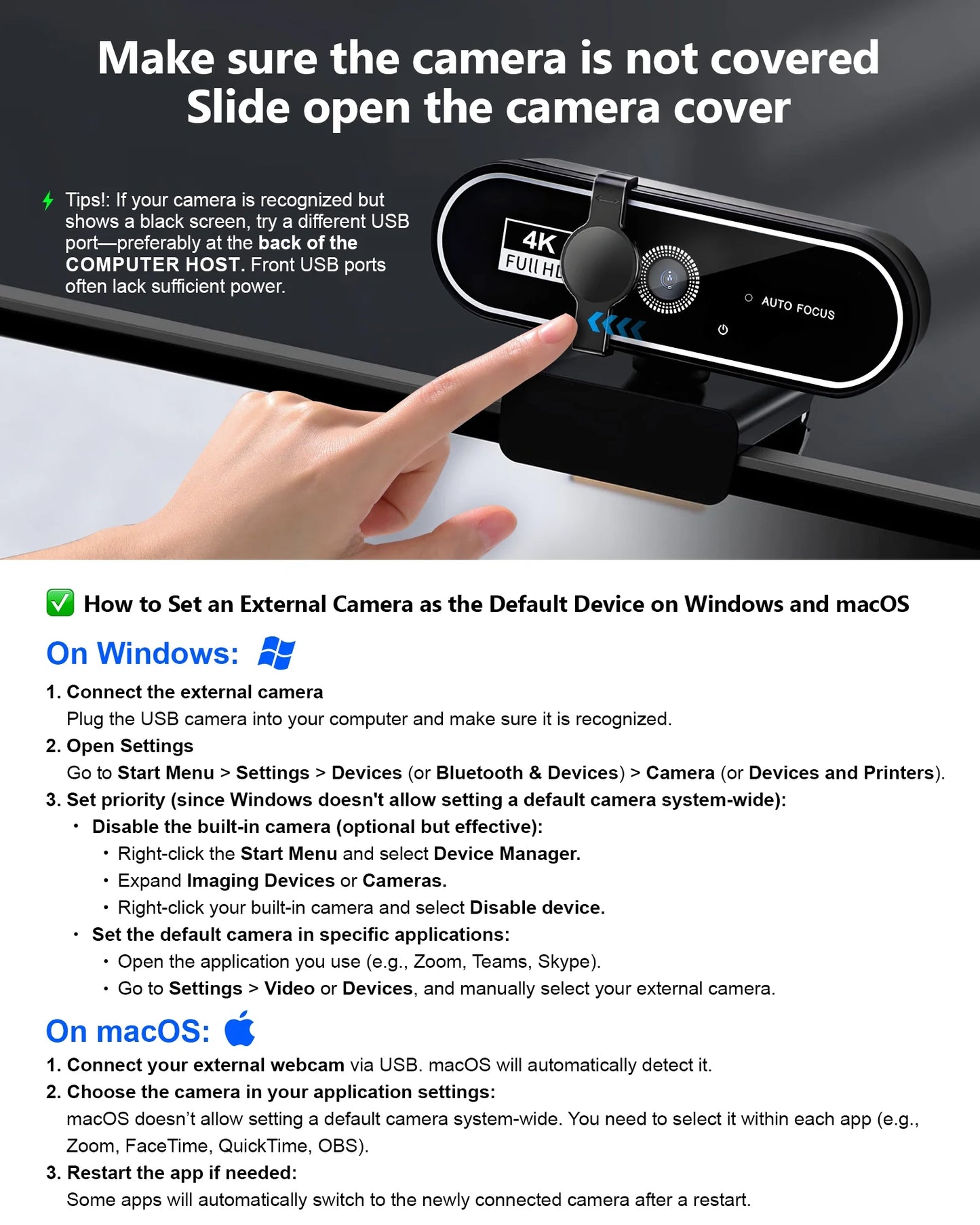 Webcam 4K HD USB Autofocus PC Webcam with Dual Mics for PC Laptop Computer Gaming Streaming Webcam