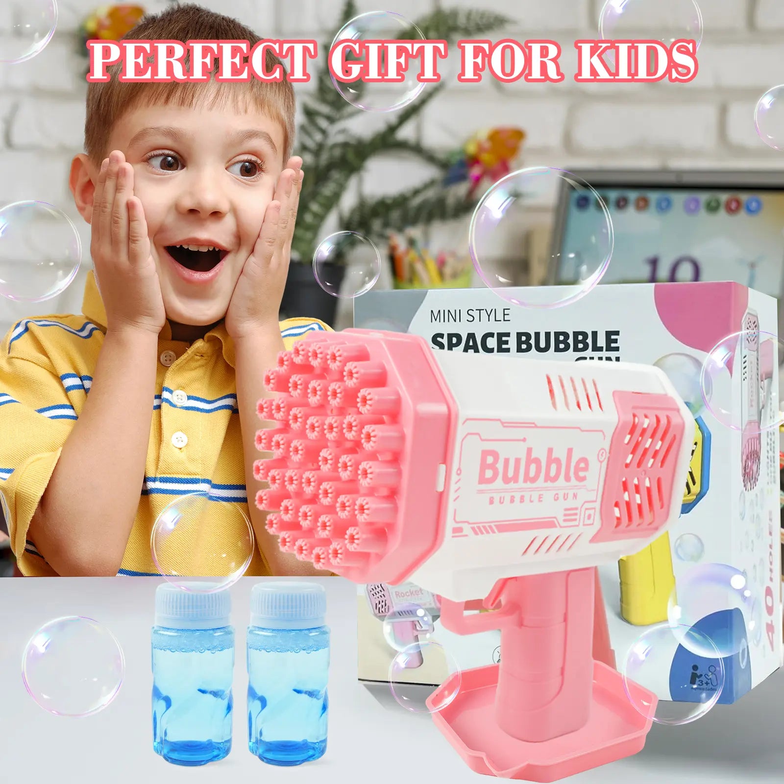 2 Pack Bubble Machine 40 Hole Automatic Bubble Maker with LED Lights and Solution for Indoor Outdoor Use