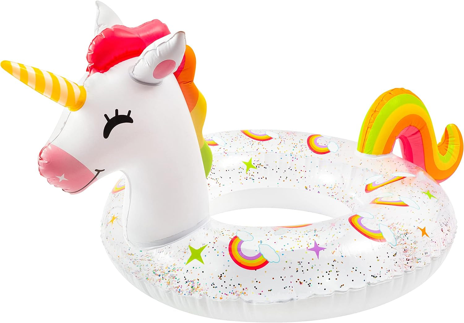Unicorn Inflatable Pool Float with Glitters Inflation Swimming Ring Outdoor Water Inflatable Lounge Raft Tube Summer Fun Beach Floaties Vinyl Swim Floaty Pool Toy for Kids Adults White