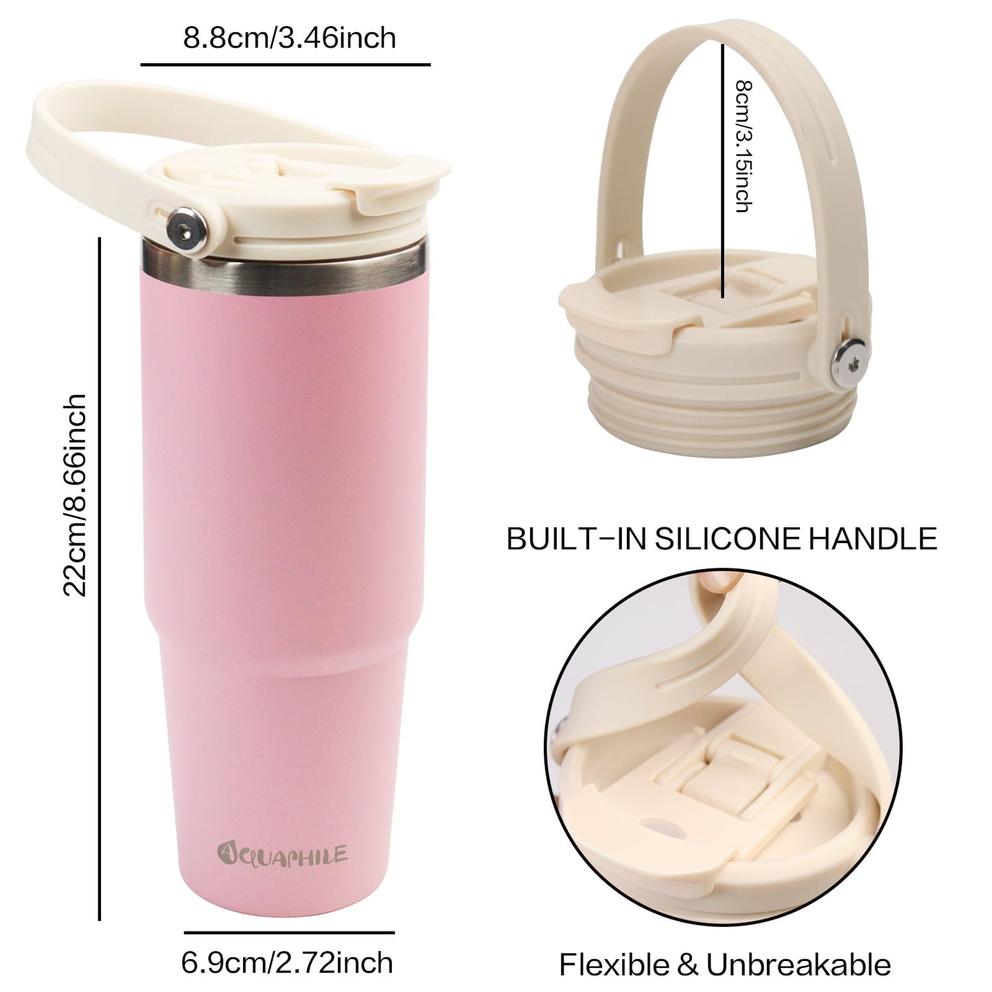 30 Oz Insulated Water Bottle with Straw Lid & Handle - Double Wall Vacuum Stainless Steel Tumbler Leakproof Travel Mug Pink