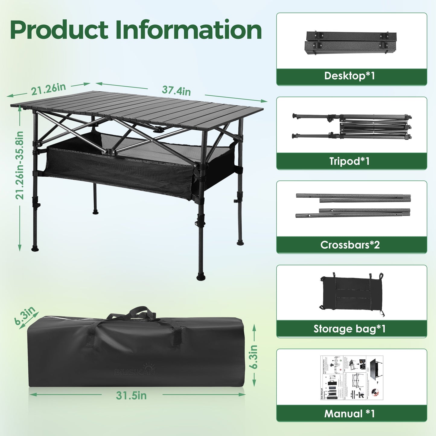 Folding Camping Table Adjustable Height 21-36 in Steel Frame 37 x 22 in Outdoor Picnic Table Black