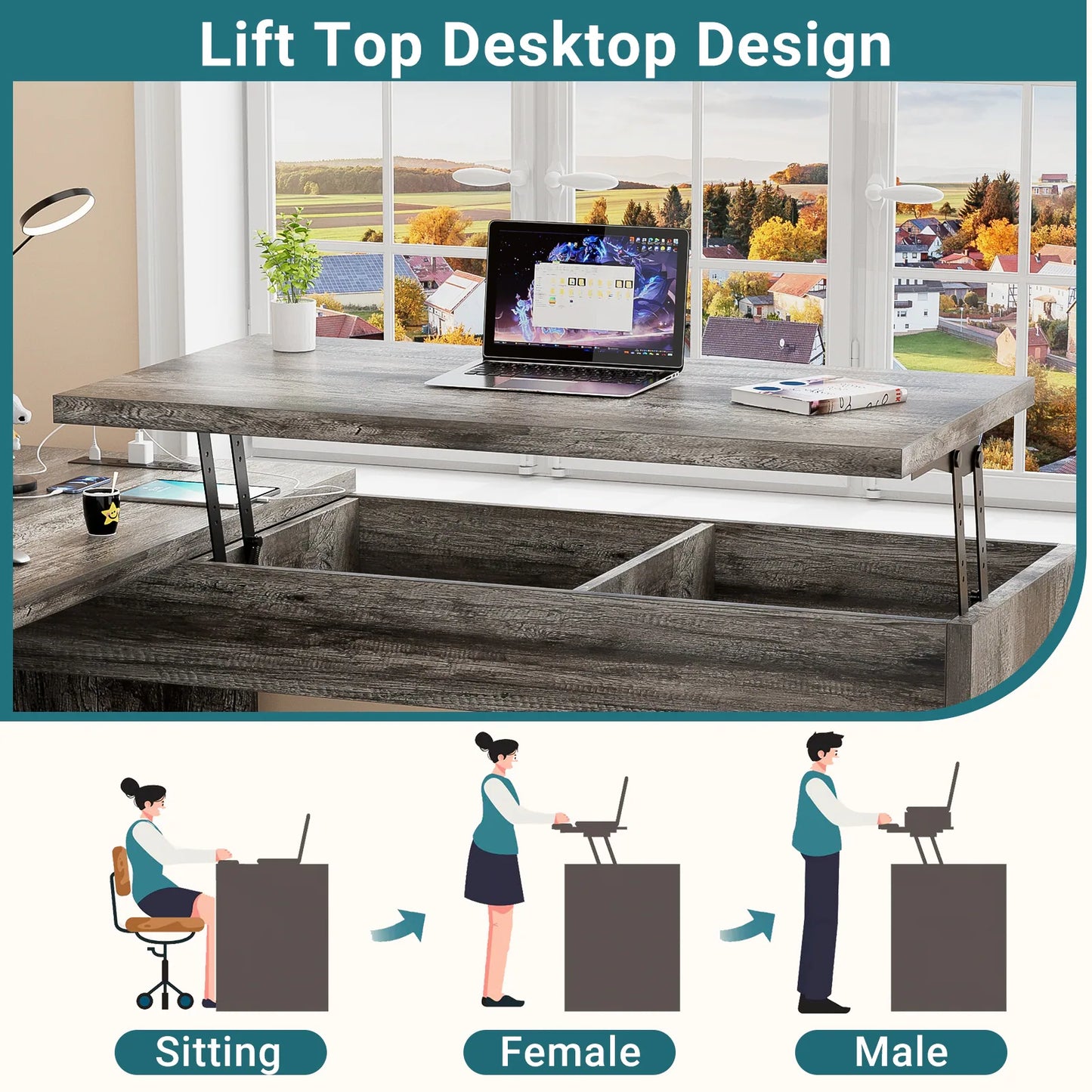 Lift Top L-Shaped Desk with Charge Station, Corner Standing Desk with File Drawers for Home Office