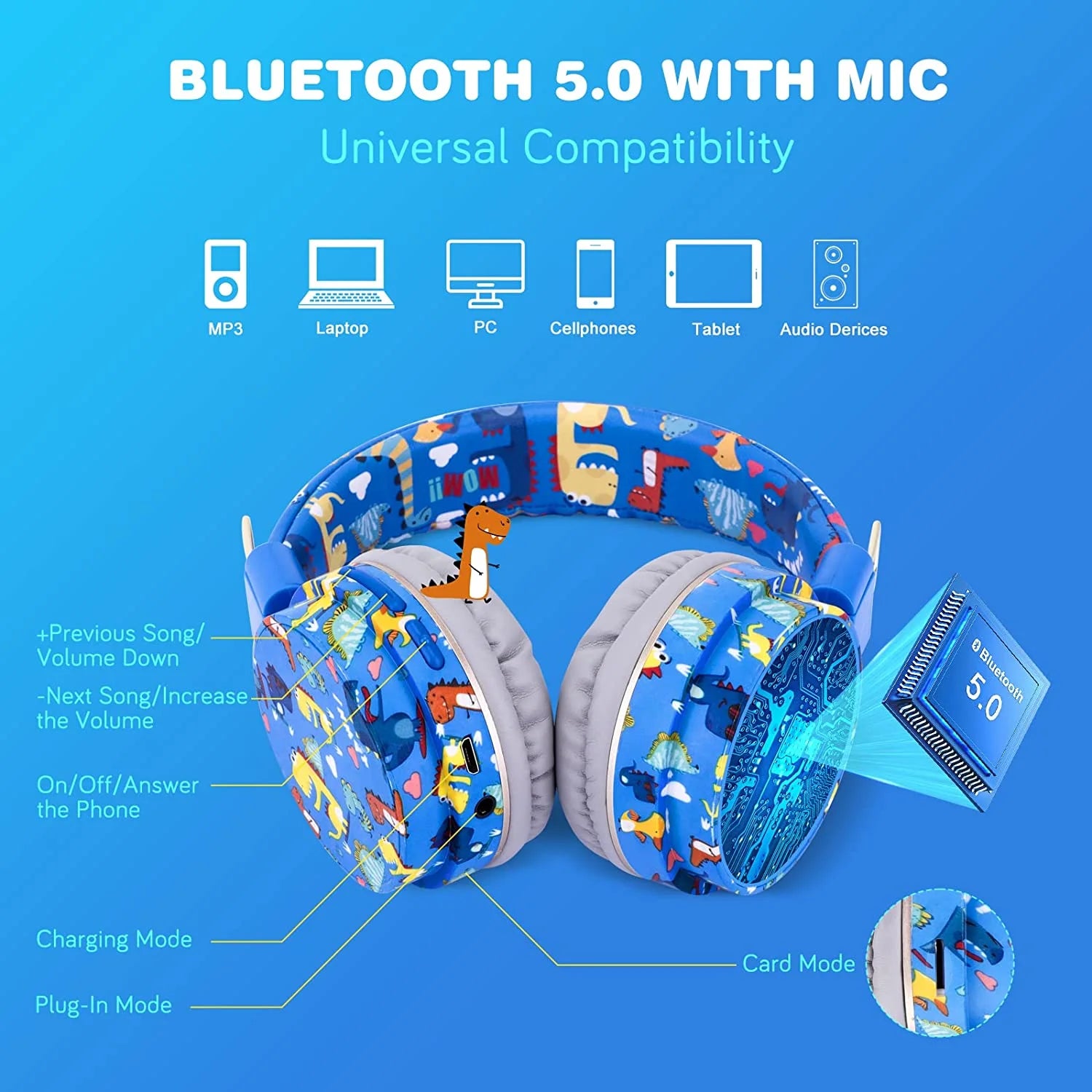 Qearfun Dinosaur Headphones for Boys Kids for School, Kids Bluetooth Headphones with Microphone & 3.5Mm Jack, Teens Toddlers Wireless Headphones with Adjustable Headband for Tablet/Pc