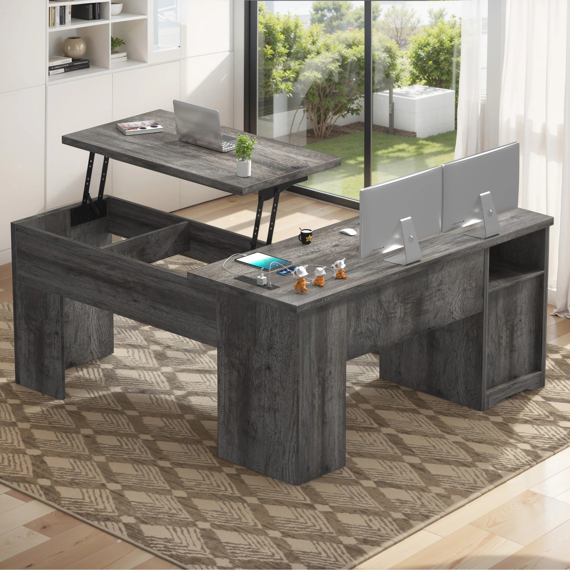 Lift Top L-Shaped Desk with Charge Station, Corner Standing Desk with File Drawers for Home Office