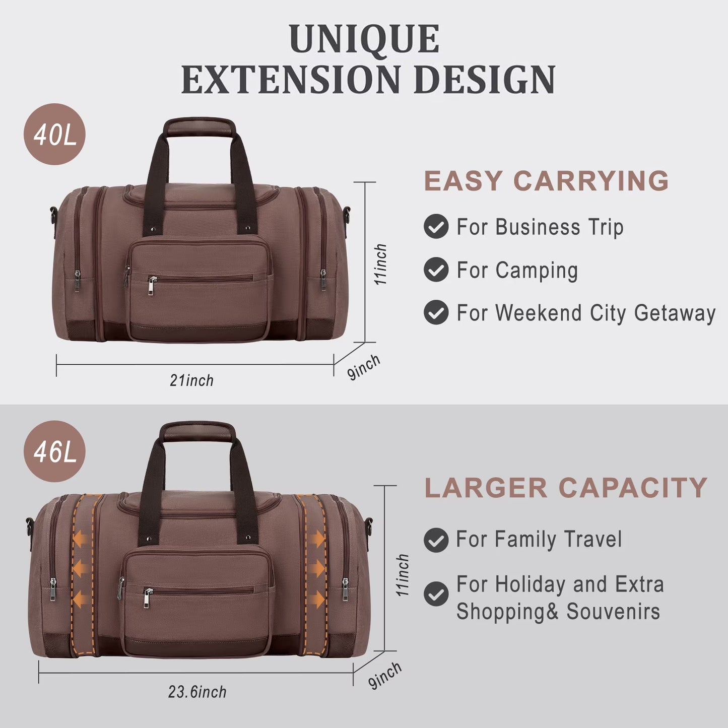 Duffle Bag for Travel Bag 46L Large Expendable Duffle Bags for Men Weekender Bag with Trolly Sleeve for Business Trip Travel Camp Gym, Coffee