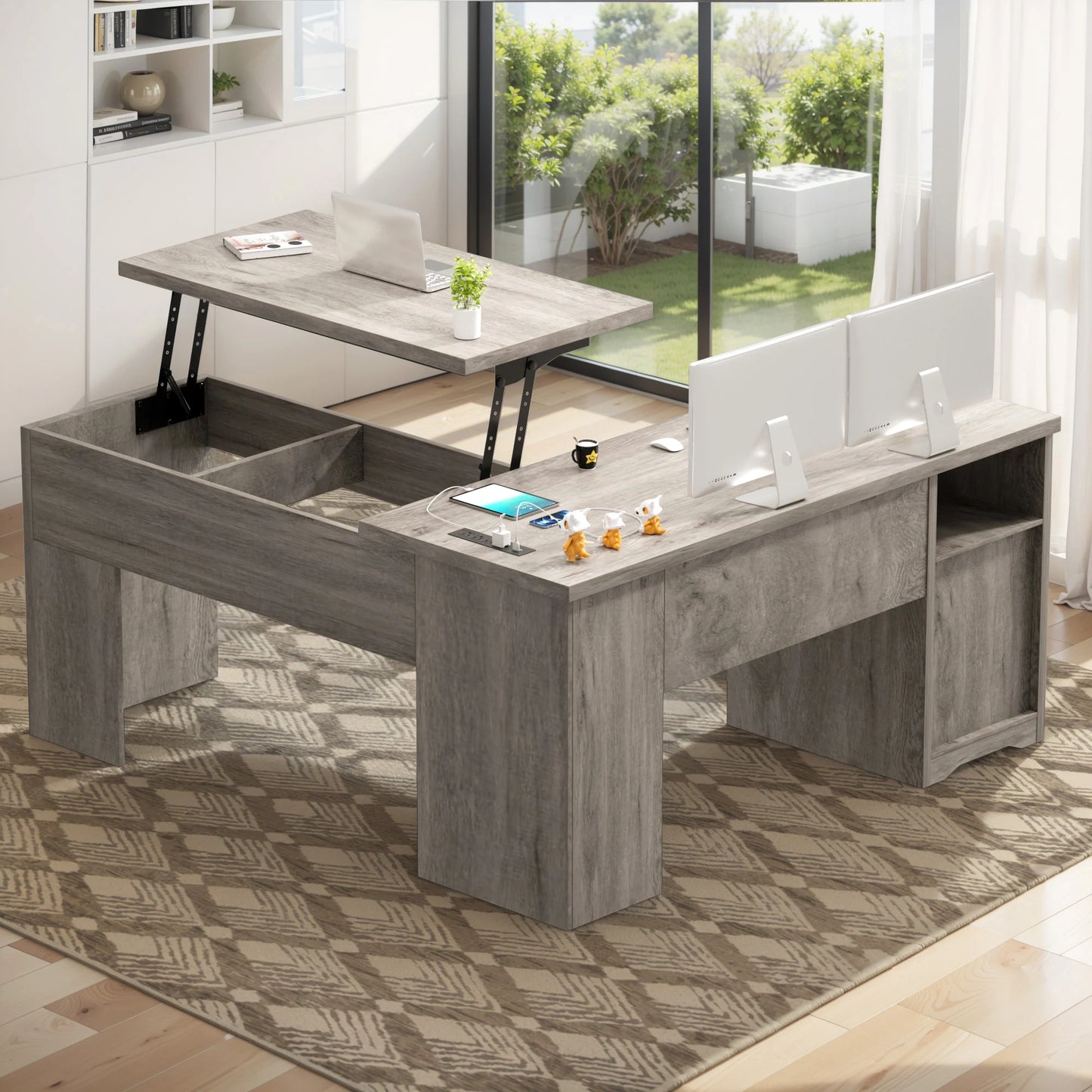 Lift Top L-Shaped Desk with Charge Station, Corner Standing Desk with File Drawers for Home Office