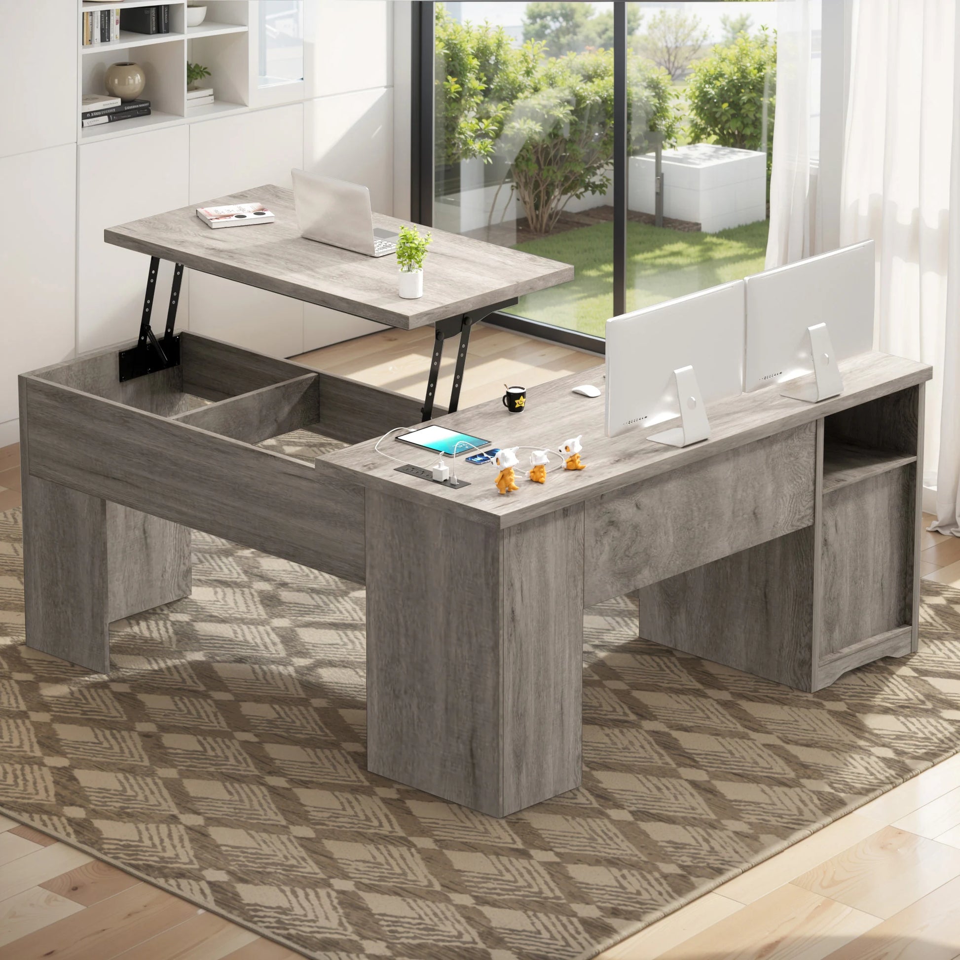 Lift Top L-Shaped Desk with Charge Station, Corner Standing Desk with File Drawers for Home Office