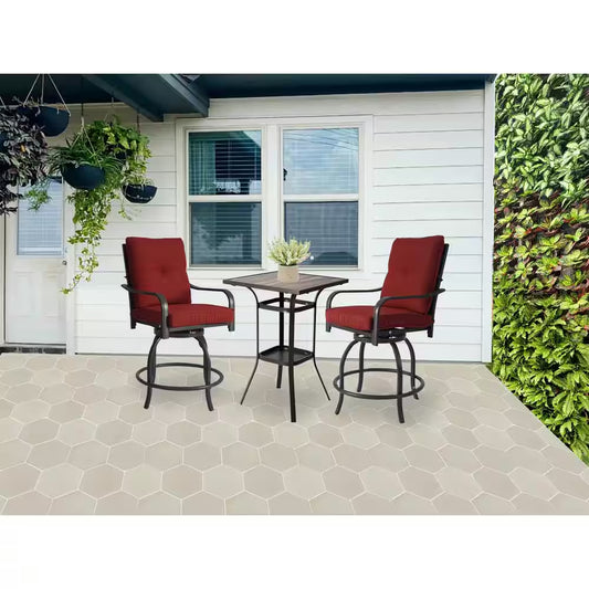 Outdoor Bar Stools Swivel Metal Frame High Back with Cushions Patio Seating Burgundy