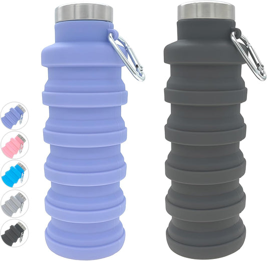 Collapsible Water Bottle 17Oz（500Ml），Travel Portable Sport Water Bottle，Reusable Silicone Foldable Water Bottles for Gym Camping Hiking (Purple+Black)