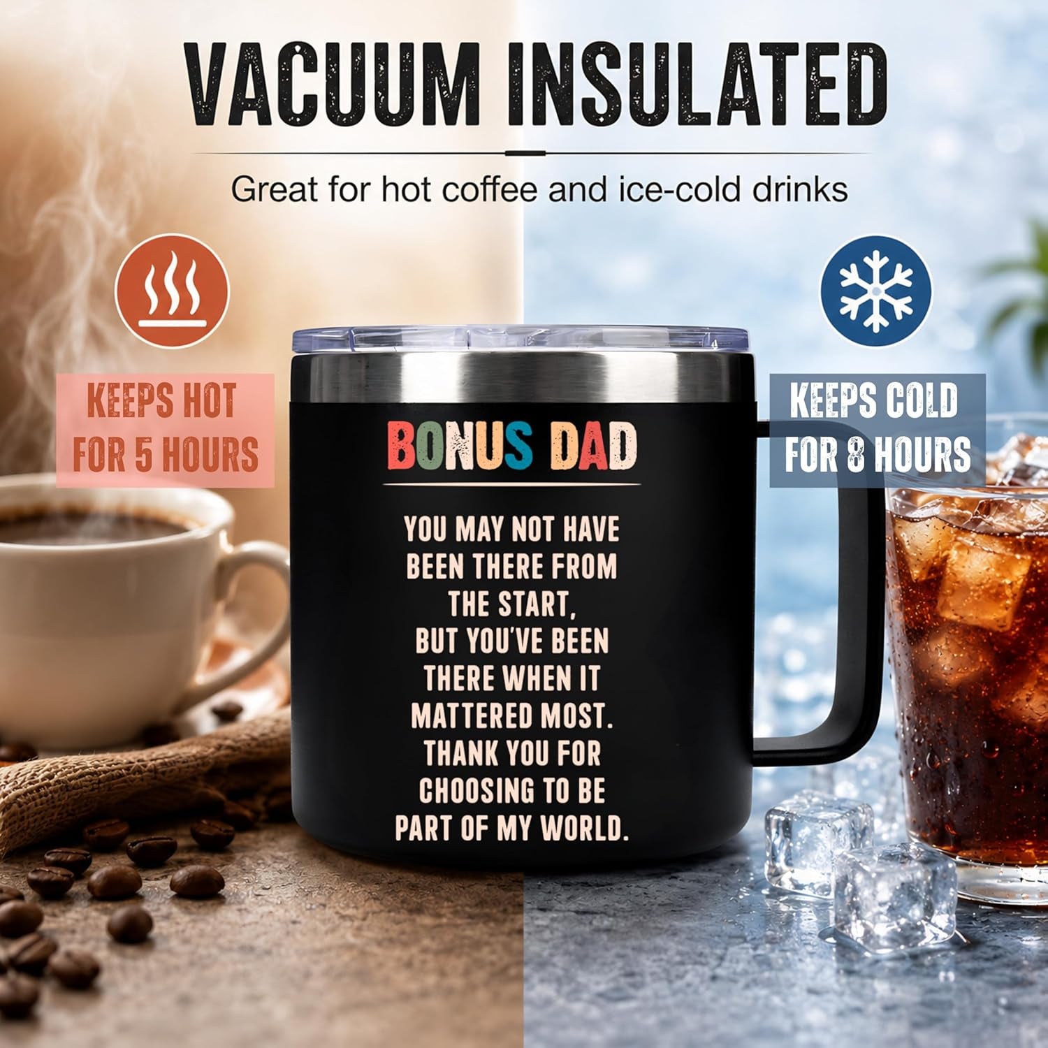 Bonus Dad Fathers Day Gift, Bonus Dad Gifts, Fathers Day Gift for Stepdad from Daughter, Son, Wife, 14 Oz Stainless Steel Mug, Best Step Dads Giftss, Stepped up Dads Gifts for Father'S Day, Birthday