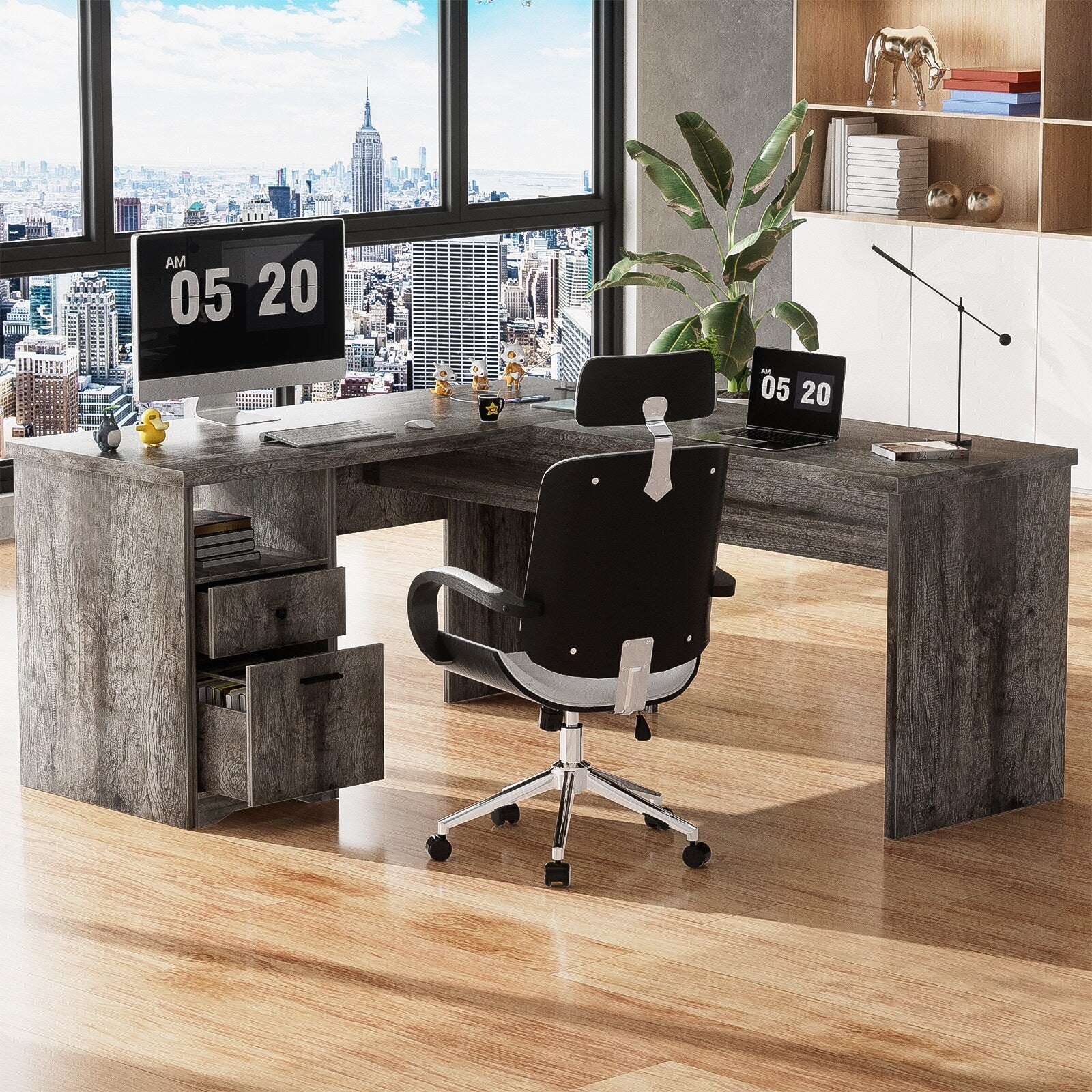 Lift Top L-Shaped Desk with Charge Station, Corner Standing Desk with File Drawers for Home Office