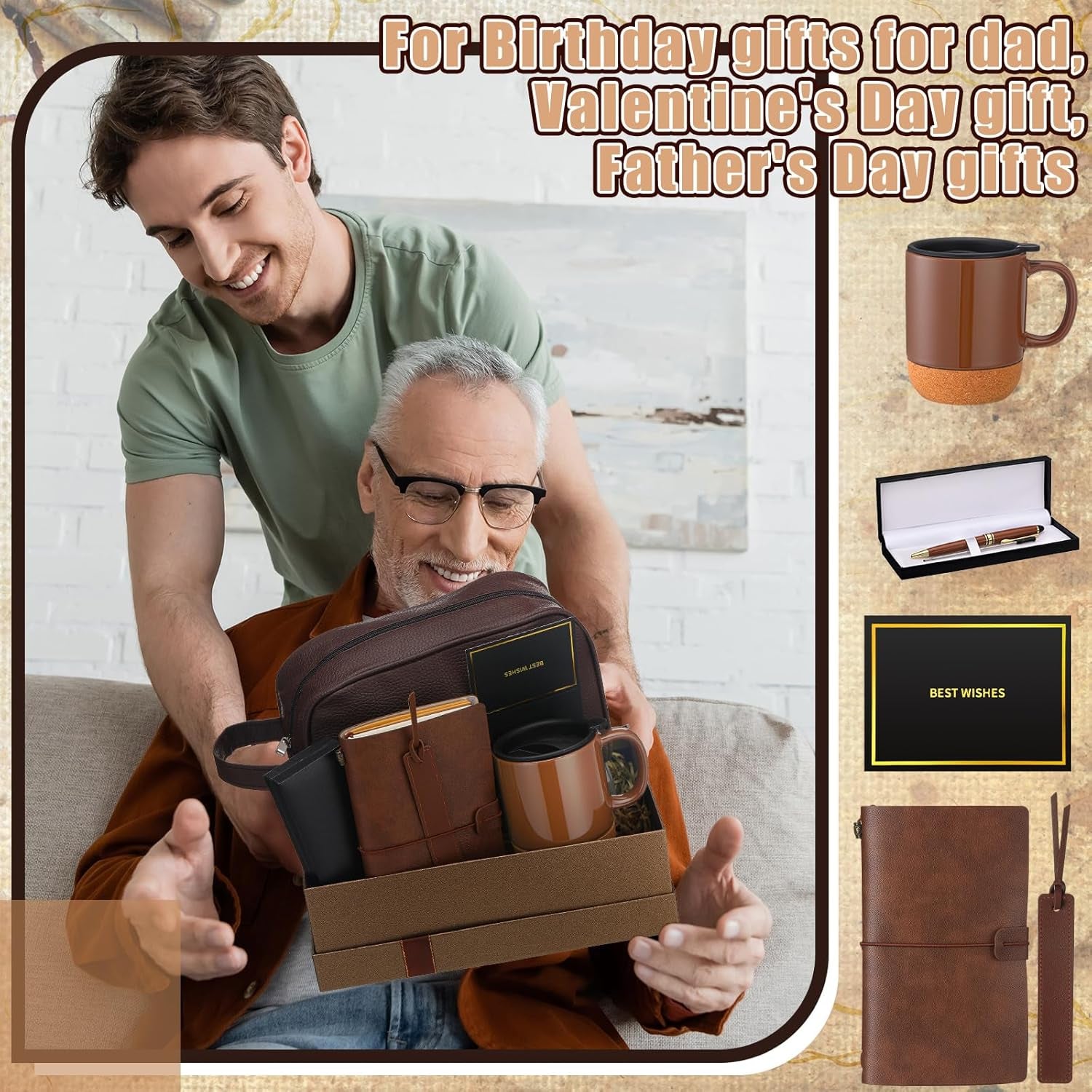 8 Pcs Fathers Day Dad Gifts Set for Mens Gifts Basket Ideas Set Mug PU Leather Notebook Toiletry Bag Bookmark Pen with Box Greeting Card for Dad Grandpa Husband Birthday (Brown)