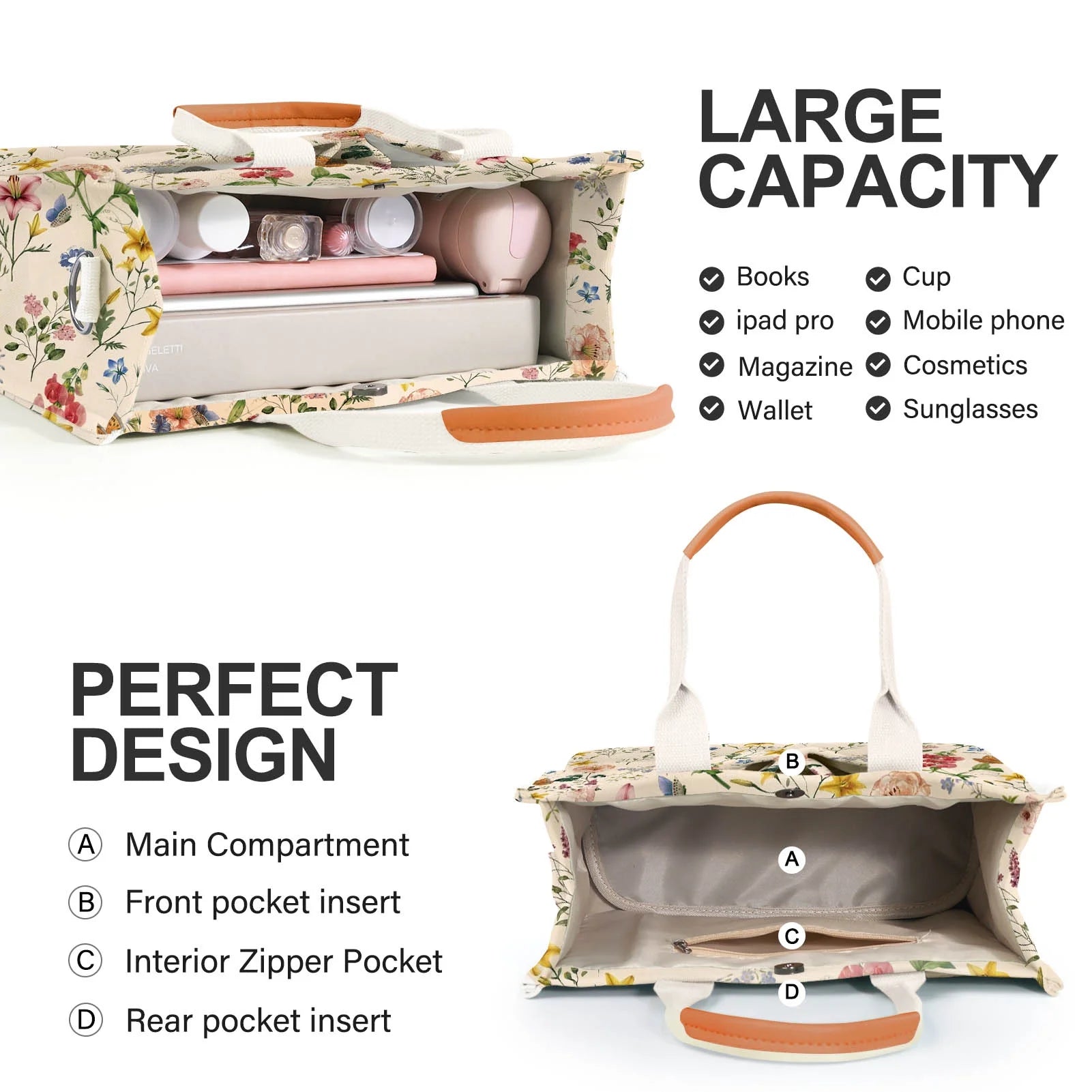 Canvas Tote Bag for Women, Large Multi-Pocket Shoulder Handbag, Crossbody Messenger Bag, Retro Flower