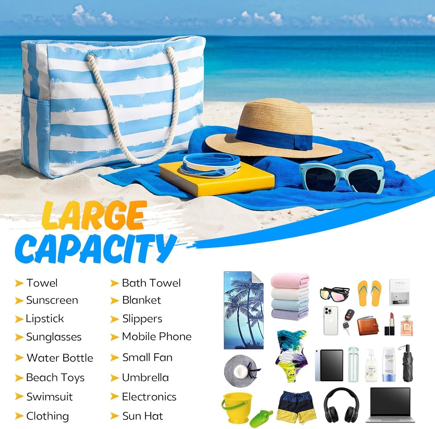 Large Beach Bag for Women & Men Beach Bags Waterproof Sandproof Travel Tote Bag