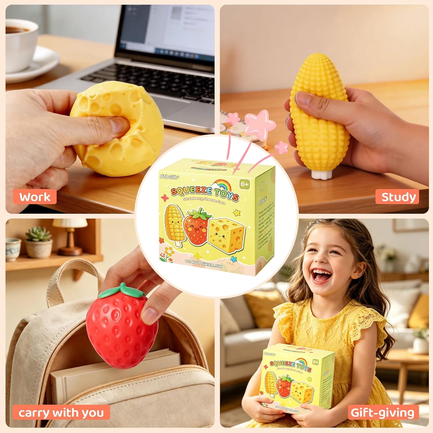 3Pcs Fruit Squishy- Cheese Squishy,Strawberry Corn Squishy,Squeeze Toys,Fruit Squishies for Stress Relief,Gift for Boys Girls Adults