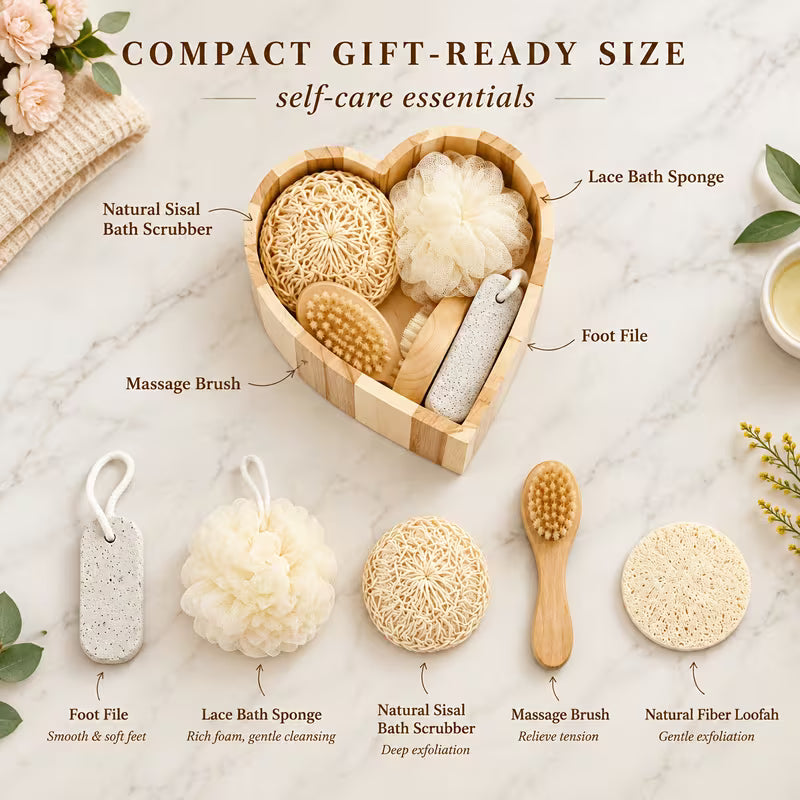 Bath gift set pieces labeled: foot file, lace bath sponge, sisal scrubber, massage brush and loofah pad