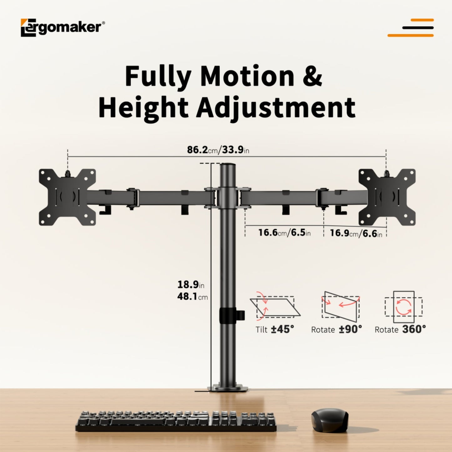 Dual Monitor Desk Mount with Adjustable Height and Full-Motion Arms, 13–27 in, Black, Metal
