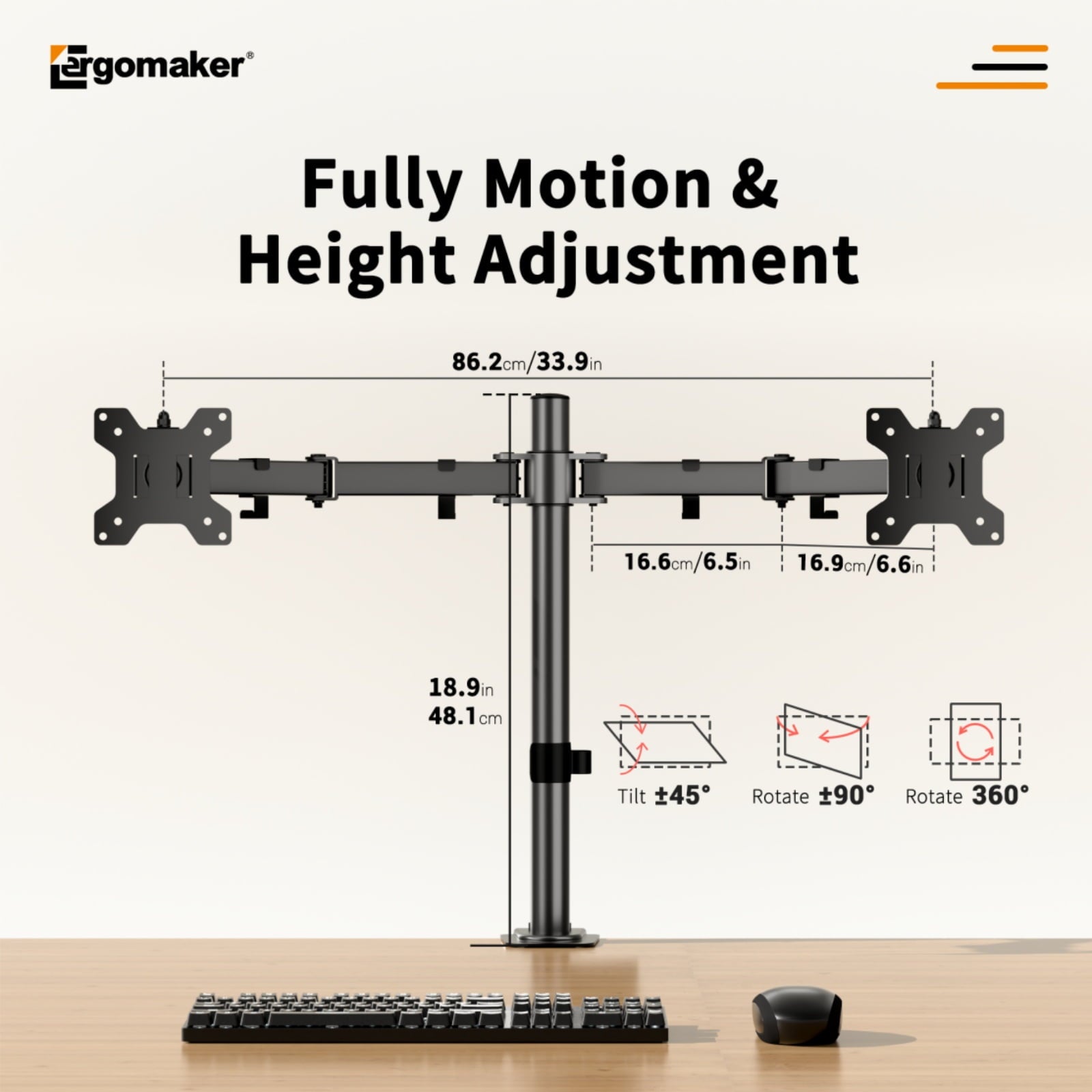 Dual Monitor Desk Mount with Adjustable Height and Full-Motion Arms, 13–27 in, Black, Metal