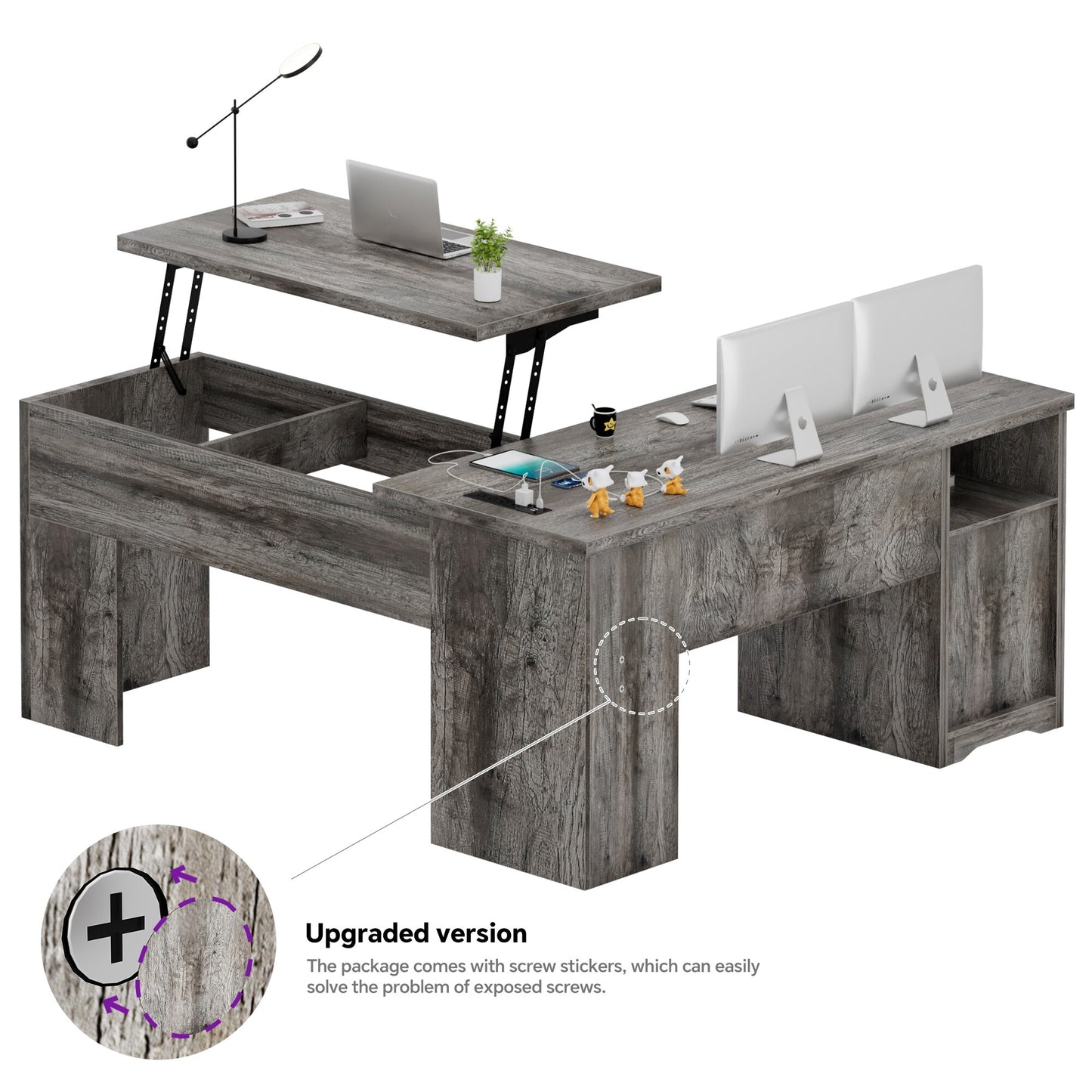 Lift Top L-Shaped Desk with Charge Station, Corner Standing Desk with File Drawers for Home Office