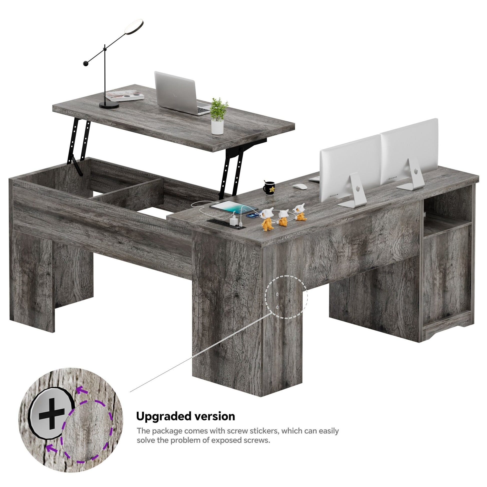 Lift Top L-Shaped Desk with Charge Station, Corner Standing Desk with File Drawers for Home Office