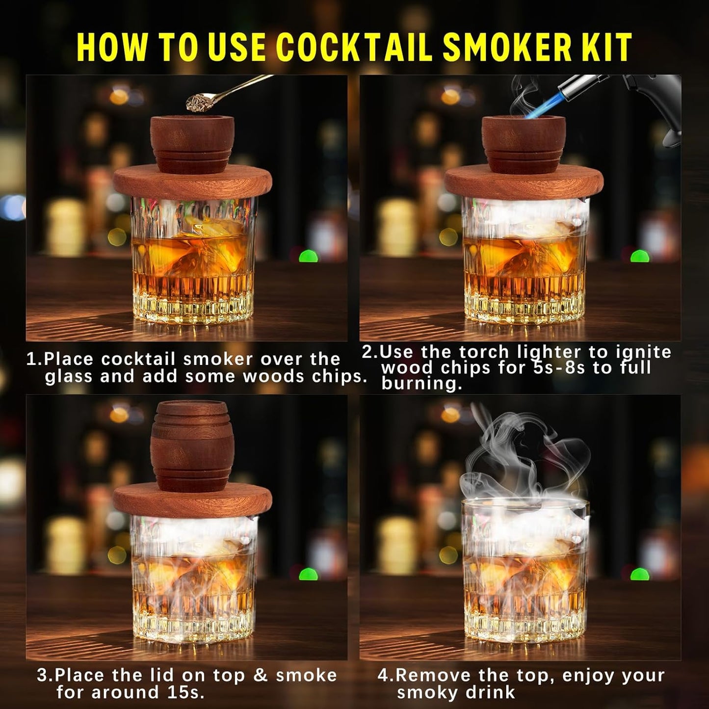 Whiskey Smoker Kit with Torch, Birthday Gifts for Him, Men, Dad, Husband, Cocktail Smoker Infuser Kit Old Fashioned Drink Smoker Kit Fathers Day Bourbon Whiskey Gifts