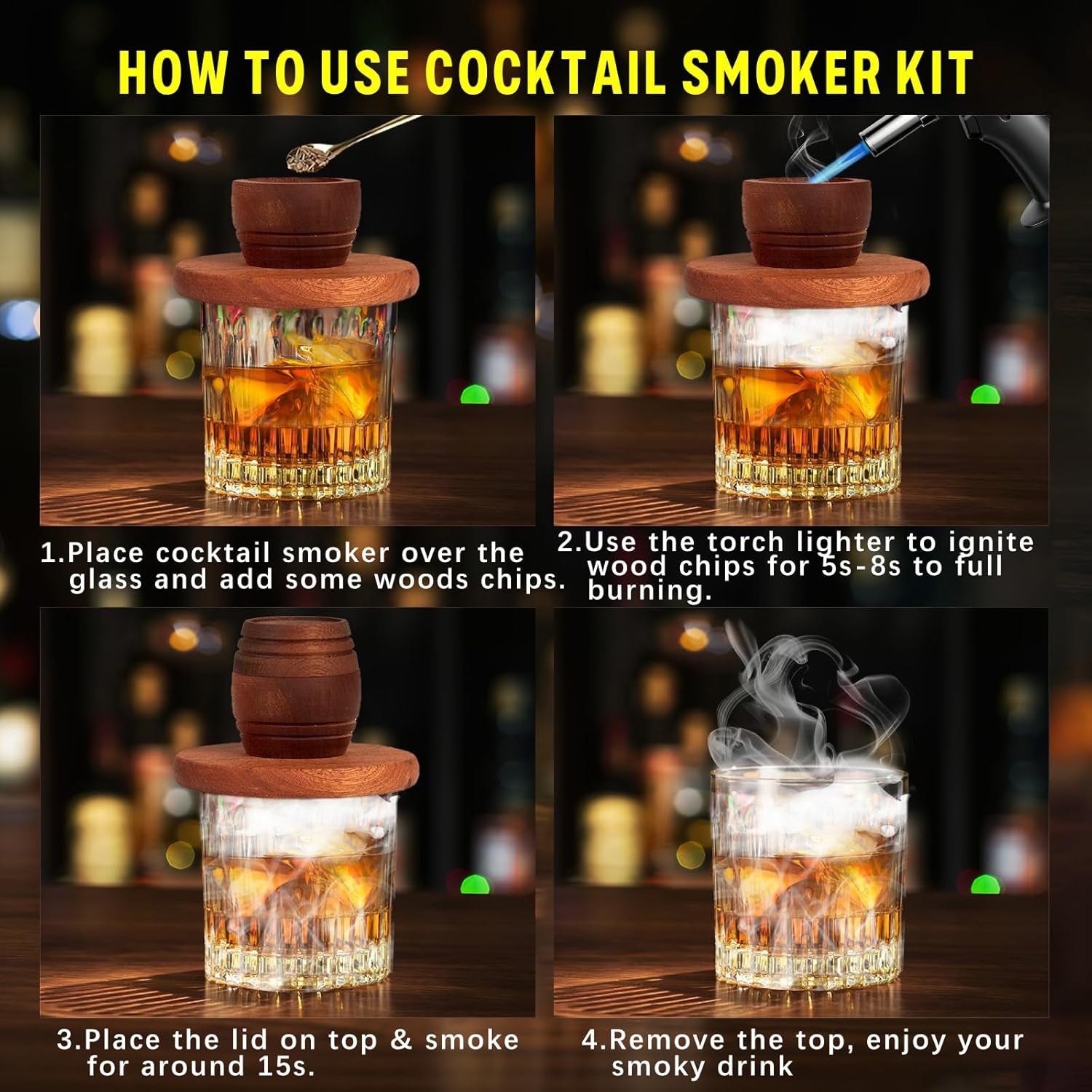 Whiskey Smoker Kit with Torch, Birthday Gifts for Him, Men, Dad, Husband, Cocktail Smoker Infuser Kit Old Fashioned Drink Smoker Kit Fathers Day Bourbon Whiskey Gifts