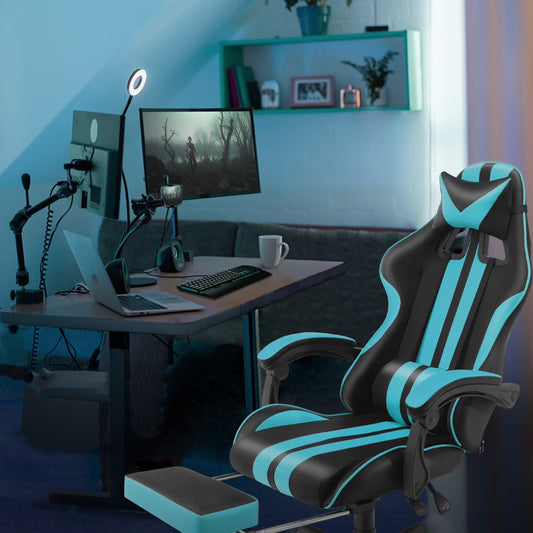 Gaming Chair Office Chair with Footrest, Ergonomic Massage Chair with Lumbar Pillow, Headrest for Adults Teens, Blue